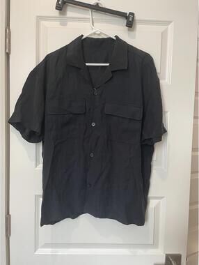 Men's Rayon Button Up Shirt Black Short Sleeve - Sample Civil Regime (Medium)